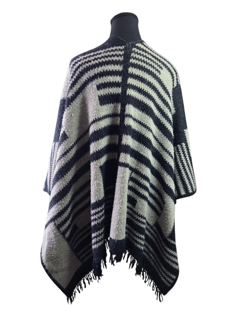 Fratelli Talli Knit Striped Fringe Poncho Wrap in Black and Cream O/S - Picture 3 of 4